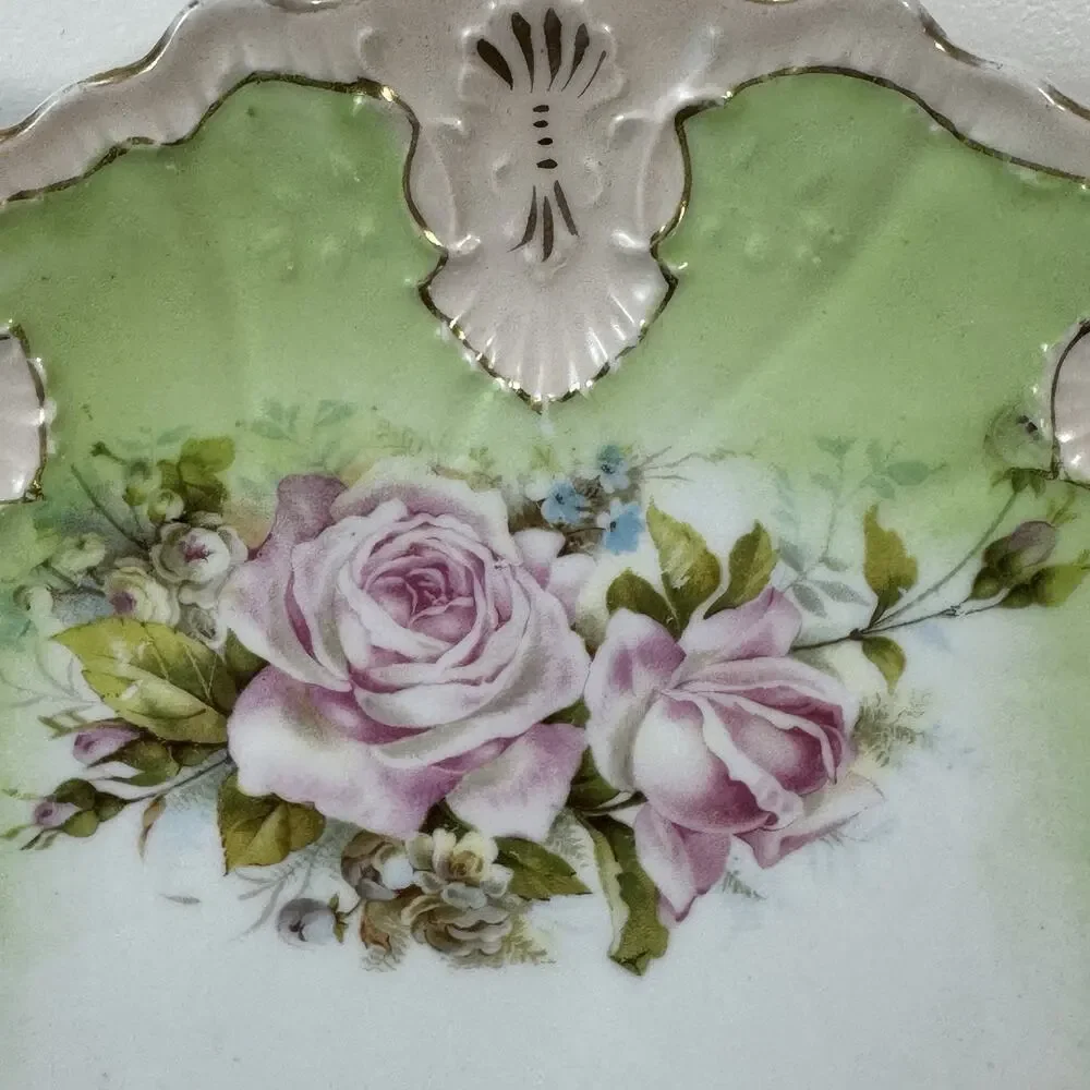 Antique Victorian Porcelain Handled Cake Plate Pink Roses Green Gold Gilt 10